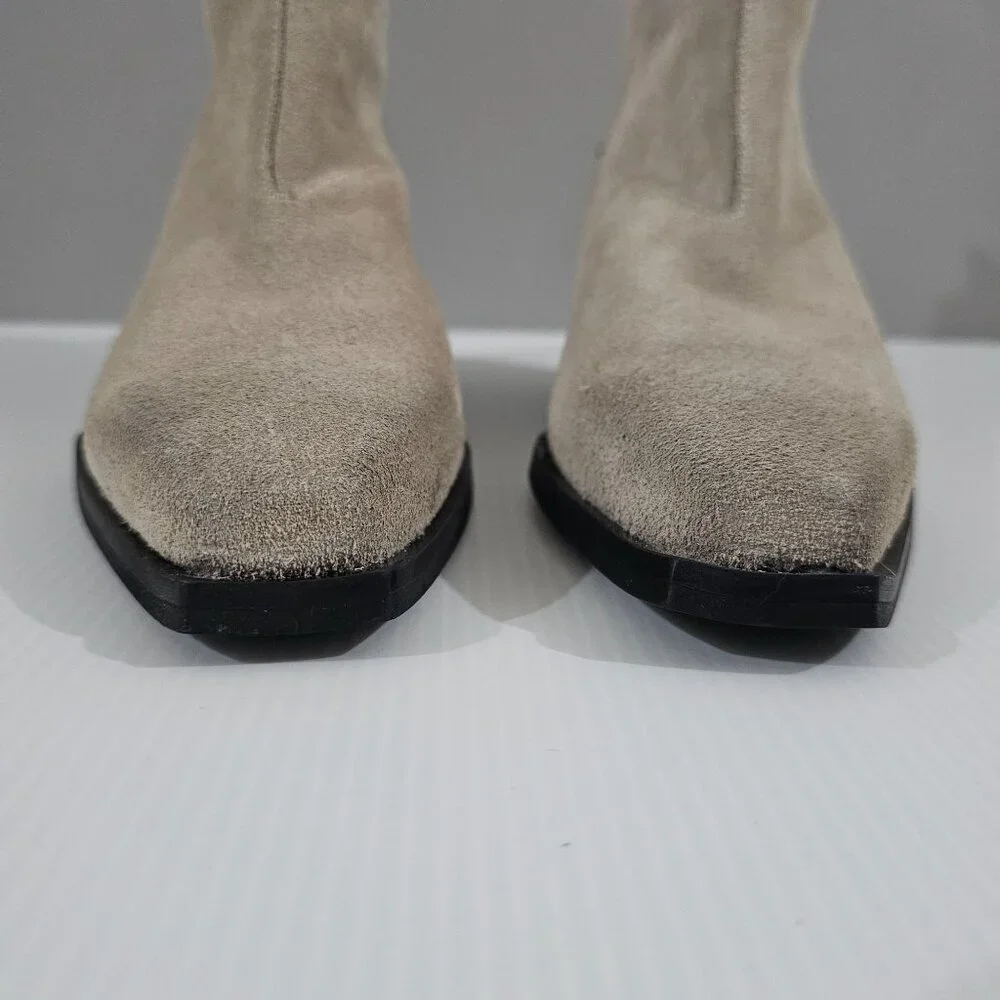 All Saints Lenora Goring Ankle Boot Women 7 Taupe Gray Suede Zip Up Low Heel NEW